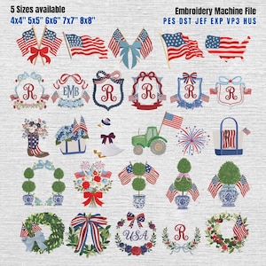 Könnte beinhalten: Eine Sammlung von Stickmaschinen-Dateidesigns mit patriotischen Themen. Designs umfassen amerikanische Flaggen, Kränze, Blumenarrangements und dekorative Elemente. Erhältlich in 5 Größen: 10,16 cm x 10,16 cm, 12,7 cm x 12,7 cm, 15,24 cm x 15,24 cm, 17,78 cm x 17,78 cm und 20,32 cm x 20,32 cm.