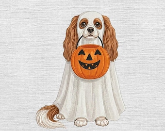 Cavalier King Charles Ghost Embroidery Designs, Halloween Dog Embroidery File, Ghost Dog Pumpkin, Trick Or Treat Pet Pes Dst, 5 sizes