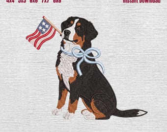 Bernese Mountain Patriotic Embroidery Design, Bernese Mountain with American Flag Machine File, 4th of July Dog Embroidery, 5 Sizes