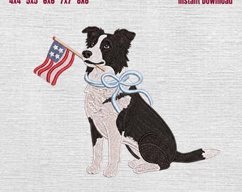 Diseño de bordado patriótico de Border Collie, archivo para máquina de bordar de Border Collie con bandera estadounidense, bordado de perro para el 4 de julio, 5 tamaños.