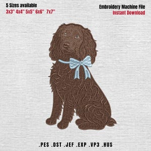 May include: An embroidery machine file design of a brown dog with long ears wearing a light blue bow around its neck. The text reads 5 Sizes available 3x3" 4x4" 5x5" 6x6" 7x7" Embroidery Machine File Instant Download and file formats .PES .DST .JEF .EXP .VP3 .HUS.