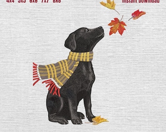 Black Labrador Fall Embroidery Design, Black Lab Pumpkin Leaves Embroidery Machine File, Dog Embroidery File - 5 sizes, Pes Dst Vp3 Exp Jef