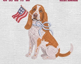 Basset Hound Patriotic Embroidery Design, Basset Hound with American Flag Machine File, 4th of July Dog Embroidery File, 5 Sizes