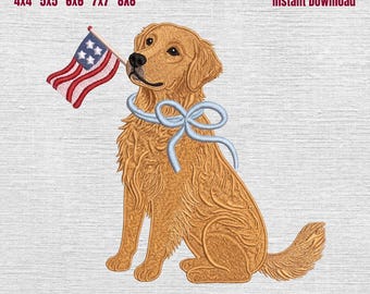 Golden Retriever Patriotic Embroidery Design, Golden with American Flag Embroidery Machine File, 4th of July Dog Embroidery File, 5 Sizes