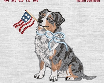 Australian Shepherd Patriotic Embroidery Design, Australian Shepherd with American Flag Embroidery Machine File, 4th of July Dog, 5 Sizes