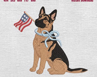 Diseño de bordado patriótico de pastor alemán, archivo para máquina de bordar de pastor alemán con bandera estadounidense, bordado de perro del 4 de julio, 5 tamaños