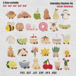 Set 30 Cute Kawaii Food Embroidery Designs, Mega Bundle Bakery Mini Embroidery Files, Cute Birthday Cake, Kawaii Girl Boy Baby, 5 Sizes