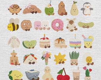 Set 30 Cute Kawaii Food Embroidery Designs, Mega Bundle Bakery Mini Embroidery Files, Cute Birthday Cake, Kawaii Girl Boy Baby, 5 Sizes
