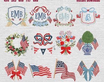 Set 13 Coquette Usa Embroidery Designs, America Flag Frame Embroidery Files, Patriotic USA 250th Pattern, USA Coquette Bow File, 5 sizes