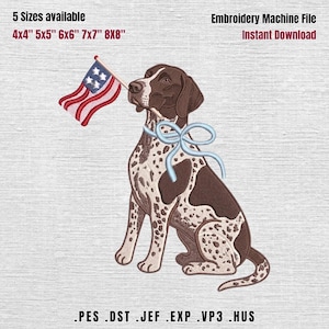 Può includere: Un disegno di ricamo di un cane seduto che tiene in bocca una piccola bandiera americana. Il cane è marrone e bianco con un fiocco blu intorno al collo. Il testo in alto recita "File di ricamo Download istantaneo". Disponibile in 5 misure: 10.16cm, 12.7cm, 15.24cm, 17.78cm e 20.32cm.