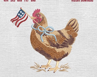 Chicken Farm Patriotic Embroidery Design, Hens with American Flag Embroidery Machine File, 4th of July Farm Animal Embroidery, 5 Sizes
