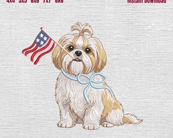 Shih Tzu Patriotic Embroidery Design, Shih Tzu with American Flag Embroidery Machine File, 4th of July Dog Embroidery File, 5 Sizes