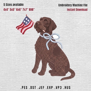 May include: An embroidery machine file featuring a brown dog holding a small American flag in its mouth. The dog has a light blue bow around its neck. Text at the top reads "5 Sizes available" and "Embroidery Machine File Instant Download". The file formats are listed at the bottom.