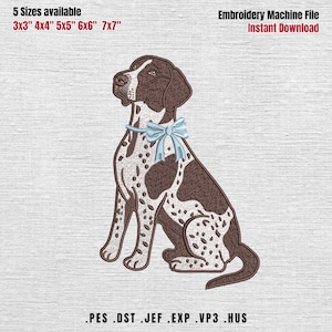 German Short Haired Pointer Coquette Bow Embroidery Design, Short-haired Pointer with Bow Machine File, Dog Embroidery File, Pes Dst Vp3 Exp