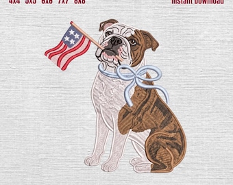 English Bulldog Patriotic Embroidery Design, English Bulldog with American Flag Machine File, 4th of July Dog Embroidery File, 5 Sizes