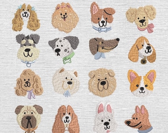 Conjunto de 16 diseños de bordado a máquina de caras de perros en miniatura, diseños de bordado de razas de perros adorables, bordado de caras de cachorros adorables, razas de perros personalizadas, 5 tamaños.