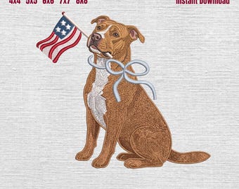 Diseño de bordado patriótico de Pit Bull Terrier, archivo para máquina de coser de Pit Bull Terrier con bandera estadounidense, archivo de bordado de perro para el 4 de julio, 5 tamaños.
