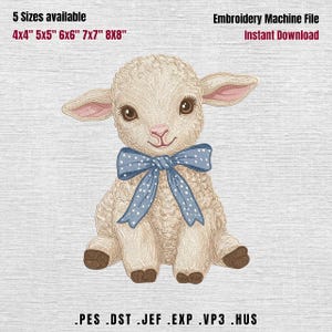 May include: An embroidery machine file featuring a cream-colored lamb with large brown eyes and pink inner ears, wearing a blue polka-dot bow. Text includes 5 Sizes available 4x4 5x5 6x6 7x7 8x8, Embroidery Machine File, Instant Download, .PES .DST .JEF .EXP .VP3 .HUS.
