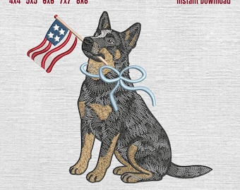 Blue Heeler Patriotic Embroidery Design, Blue Heeler with American Flag Embroidery Machine File, 4th of July Dog, 5 Sizes