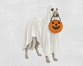 Greyhound Ghost Embroidery Designs, Halloween Dog Embroidery File, Ghost Dog Pumpkin Embroidery, Trick Or Treat Pet Pes Dst, 5 sizes