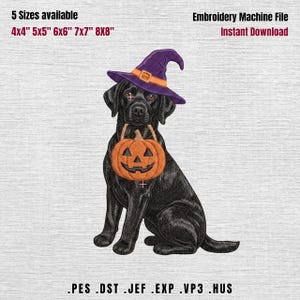 Schwarzes Labrador-Stickmuster für Halloween, Stickdatei für die Stickmaschine, Stickdatei für Hundegeister, Süßes oder Saures, 5 Größen