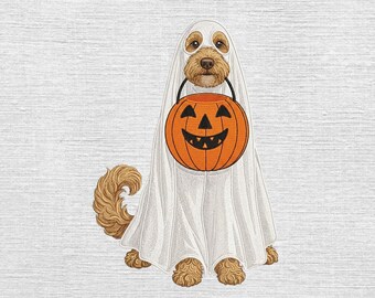 Goldendoodle Ghost Embroidery Designs, Halloween Dog Embroidery File, Ghost Dog Pumpkin Embroidery, Trick Or Treat Pet Pes Dst, 5 sizes