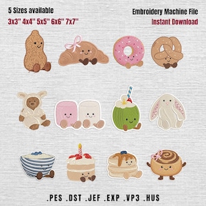 Op de afbeelding: Een assortiment schattige, cartoonachtige borduurontwerpen met eten en dieren. De ontwerpen omvatten een pinda, croissant, donut, pretzel, beer, marshmallows, kokosnoot, konijn, rijstkom, cake, pannenkoeken en kaneelbroodje. Tekst inbegrepen.