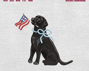 Black Labrador Patriotic Embroidery Design, Labrador with American Flag Embroidery Machine File, 4th of July Dog Embroidery File, 5 Sizes