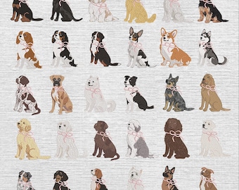 Set 30 Dog with Bow Embroidery Design, Coquette Dog Embroidery Machine File, Dog Embroidery File, Custom Dog Breed, 5 sizes,Instant Download