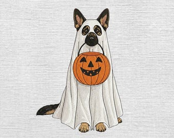 German Shepherd Ghost Embroidery Designs, Halloween Dog Embroidery File, Ghost Dog Pumpkin Embroidery, Trick Or Treat Pet Pes Dst, 5 sizes
