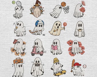 Set 16 Fall Ghost Sports Embroidery Designs, Halloween Football Baseball Soccer Basketball Tennis Hockey Mini Embroidery File, Spooky Season