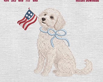 Maltipoo Patriotic Embroidery Design, Maltipoo with American Flag Embroidery Machine File, 4th of July Dog Embroidery File, 5 Sizes