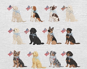 Set 12 Patriotic Dog Embroidery Designs,  Dog with American Flag Embroidery File, 4th of July Dog Embroidery, 5 Sizes, Instant Download