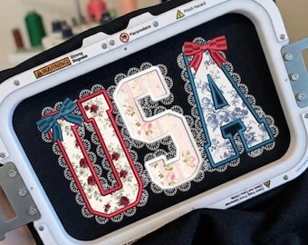 Usa Lace Applique Embroidery Design, USA Coquette Bow Applique File, 250th anniversary America Design, 4th of July USA Embroidery, 5 sizes