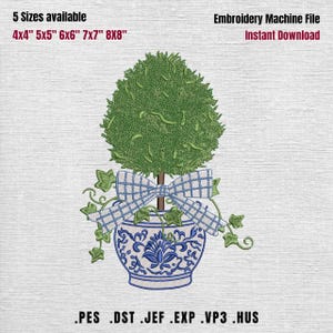 May include: An embroidery design of a topiary tree in a blue and white decorative pot. The tree is green, with a blue and white plaid bow. The design is available in 5 sizes: 4x4", 5x5", 6x6", 7x7", and 8x8". The file formats are .PES, .DST, .JEF, .EXP, .VP3, and .HUS.
