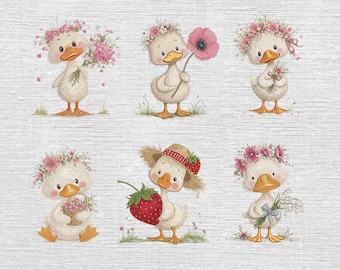 Conjunto de 6 diseños de bordado de patos adorables con flores, paquete de bordado floral de patos, archivo de bordado de animales para el Día de la Madre, 5 tamaños, descarga instantánea.