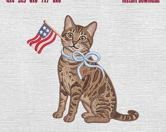 Tabby Cat Patriotic Embroidery Design, Tabby Cat with American Flag Embroidery Machine File, 4th of July Cat Embroidery File, 5 Sizes