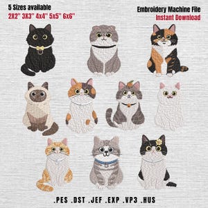 May include: An embroidery machine file featuring ten distinct cat illustrations in various colors and patterns. Text at the top reads 5 Sizes available 2x2 3x3 4x4 5x5 6x6 and Embroidery Machine File Instant Download. File formats listed at the bottom are PES DST JEF EXP VP3 HUS.