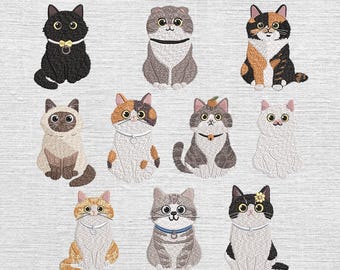 Set 10 Cute Cat Machine Embroidery Design, Cute Kitty Mini Embroidery Design, Cute Kitty Embroidery Pattern, Custom Cat Breed, 5 Sizes