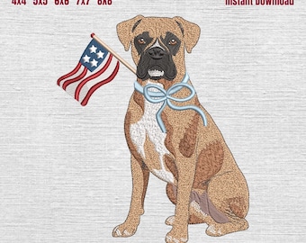 Boxer Patriotic Embroidery Design, Boxer with American Flag Embroidery Machine File, 4th of July Dog Embroidery File, 5 Sizes