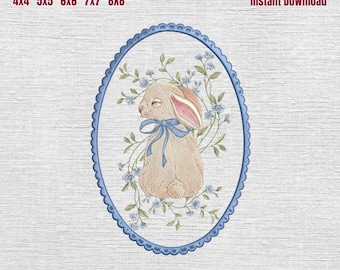 Cute Bunny Embroidery Design, Coquette Bunny Floral Frame Embroidery Design, Easter Bunny Machine File, Instant Download, 5 Sizes
