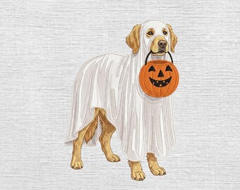Golden Retriever Ghost Embroidery Designs, Halloween Dog Embroidery File, Ghost Dog Pumpkin Embroidery, Trick Or Treat Pet Pes Dst, 5 sizes
