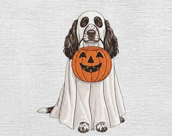 English Springer Spaniel Ghost Embroidery Designs, Halloween Dog Embroidery File, Ghost Dog Pumpkin, Trick Or Treat Pet Pes Dst, 5 sizes