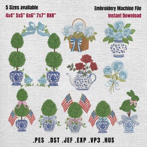 May include: Embroidery machine file with various floral and topiary designs. Includes a wreath, basket of flowers, vases, teapot, and bunny. The file is available in 5 sizes: 4x4", 5x5", 6x6", 7x7", and 8x8". Instant download.