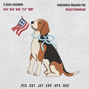 May include: An embroidery design of a beagle holding a small American flag in its mouth, with a light blue bow around its neck. The dog is in shades of brown, black, and white. Text at the top indicates the design is available in 5 sizes, from 4x4" to 8x8".