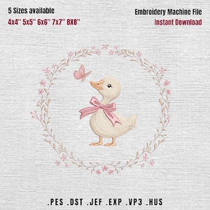 May include: An embroidery design featuring a charming duck with a pink bow, surrounded by a floral wreath and a butterfly. The design is available in five sizes: 4x4", 5x5", 6x6", 7x7", and 8x8". The text reads "Embroidery Machine File" and "Instant Download".