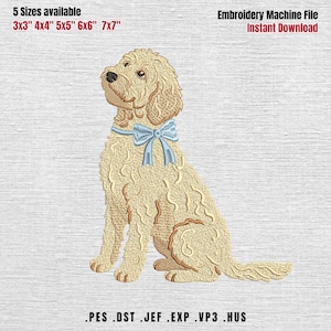 May include: An embroidery machine file design of a golden-colored dog with curly fur, wearing a light blue bow around its neck. Text reads: 5 Sizes available 3x3" 4x4" 5x5" 6x6" 7x7", Embroidery Machine File, Instant Download, and .PES .DST .JEF .EXP .VP3 .HUS.