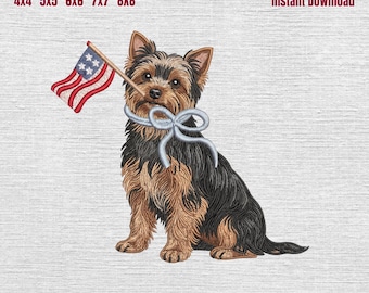 Diseño de bordado patriótico de Yorkshire Terrier, archivo para máquina de bordar de Yorkshire Terrier con bandera estadounidense, perro del 4 de julio, 5 tamaños