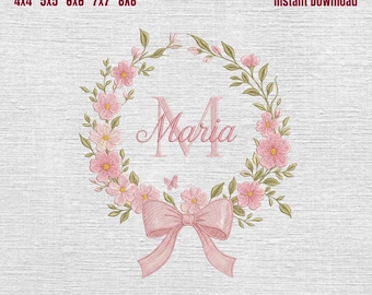 Floral Wreath Embroidery Design Frame, Monogram Circle Flower Border, Machine Embroidery File,Instant Download dst,des, exp, jep, vp3
