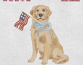 Golden Retriever Patriotic Embroidery Design, Golden with American Flag Embroidery Machine File, 4th of July Dog Embroidery File, 5 Sizes